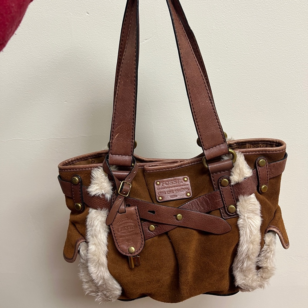 Fossil Brown Suede Tote with Faux Fur Trim